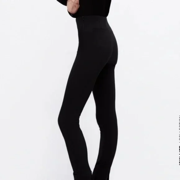 NWOT Zara Women's extra long high rise black slit flare leggings, Size S - Picture 2 of 12